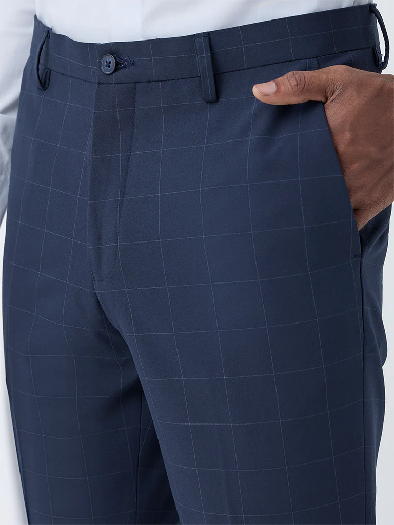 WES Formals Navy Checks Pattern Slim-Fit Mid-Rise Trousers - Image 3
