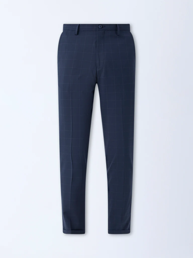 WES Formals Navy Checks Pattern Slim-Fit Mid-Rise Trousers - Image 5