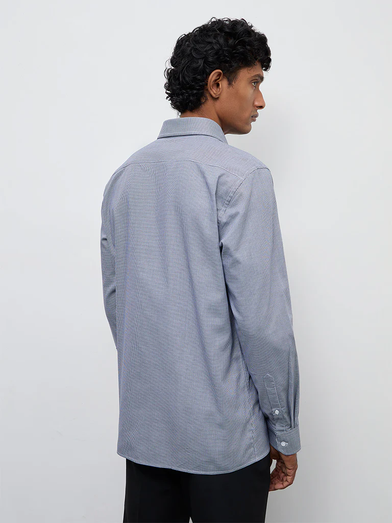 WES Formals Navy Houndstooth Printed Slim-Fit Cotton Shirt - Image 4