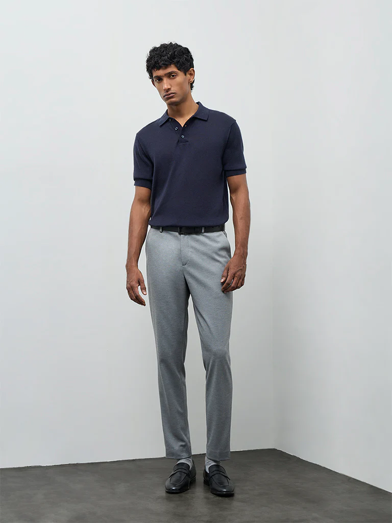 WES Formals Navy Knit-Textured Relaxed-Fit Polo T-Shirt - Image 3