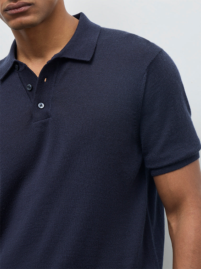 WES Formals Navy Knit-Textured Relaxed-Fit Polo T-Shirt - Image 4