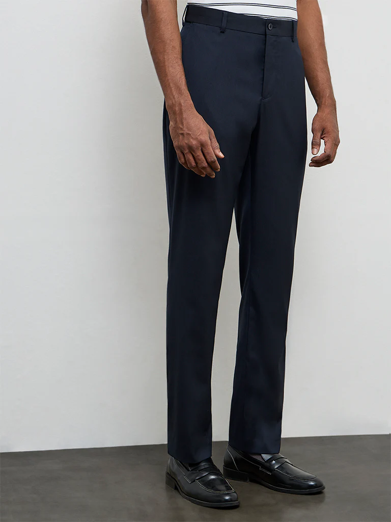 WES Formals Navy Pinstripe Relaxed-Fit Mid-Rise Trousers - Image 2