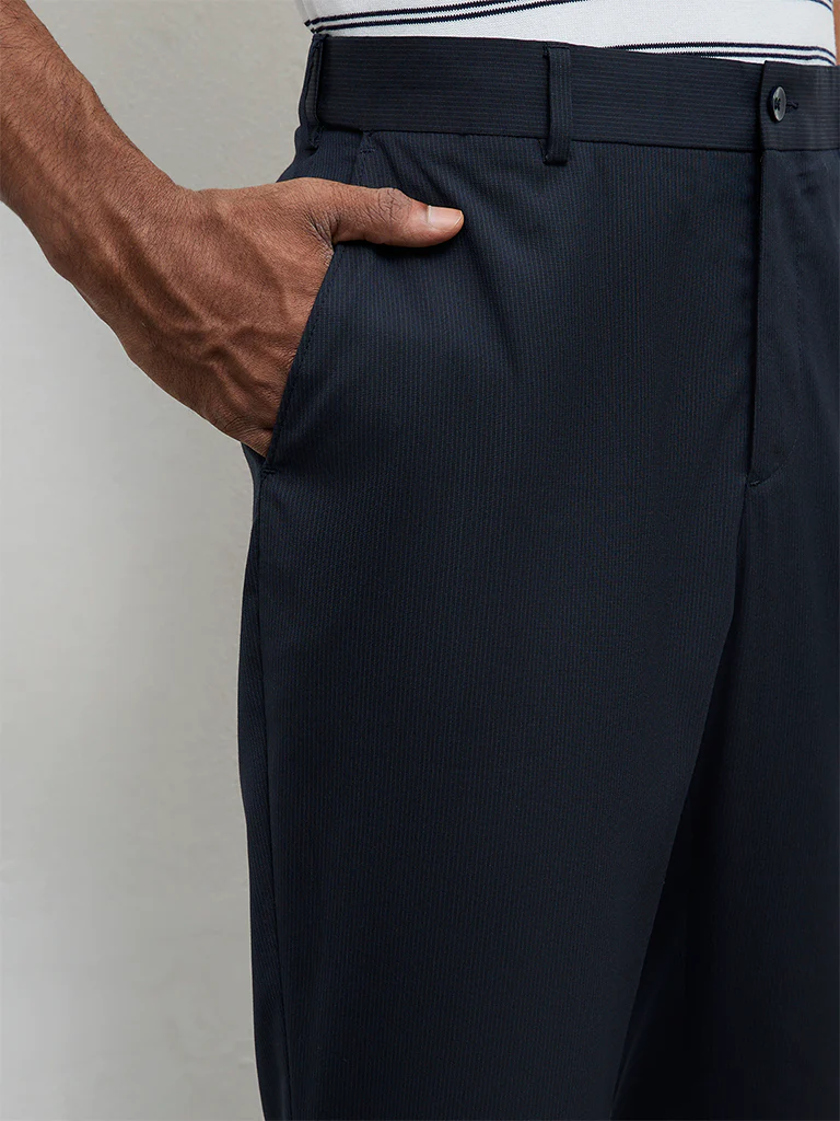WES Formals Navy Pinstripe Relaxed-Fit Mid-Rise Trousers - Image 3