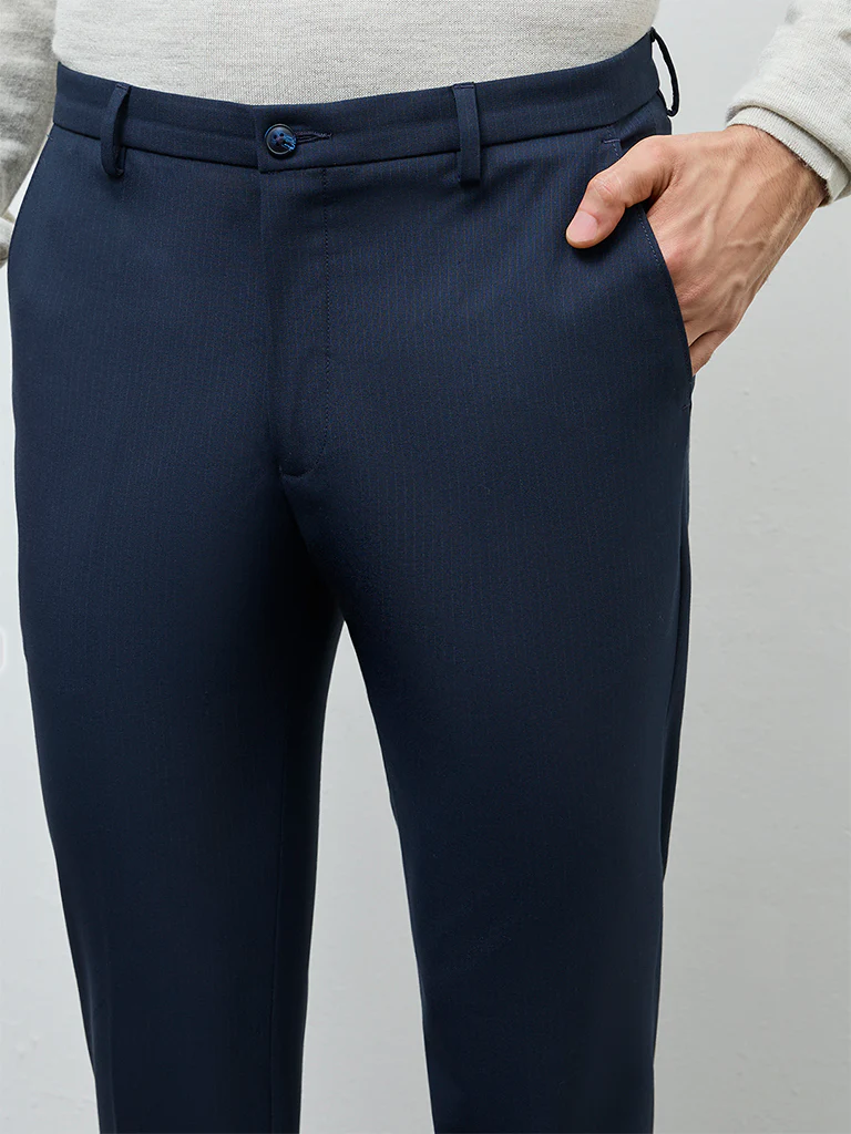 WES Formals Navy Pinstripe Ultra Slim-Fit Mid-Rise Trousers - Image 3