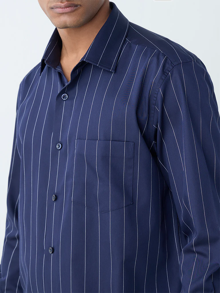 WES Formals Navy Pinstriped Relaxed-Fit Cotton Shirt - Image 2