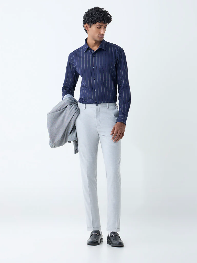 WES Formals Navy Pinstriped Relaxed-Fit Cotton Shirt - Image 3
