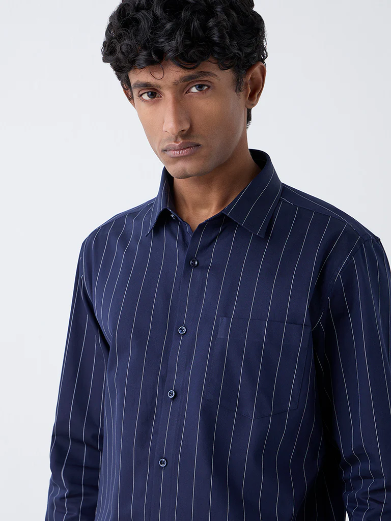 WES Formals Navy Pinstriped Slim-Fit Cotton Shirt - Image 2