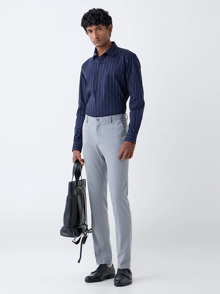 WES Formals Navy Pinstriped Slim-Fit Cotton Shirt - Image 3