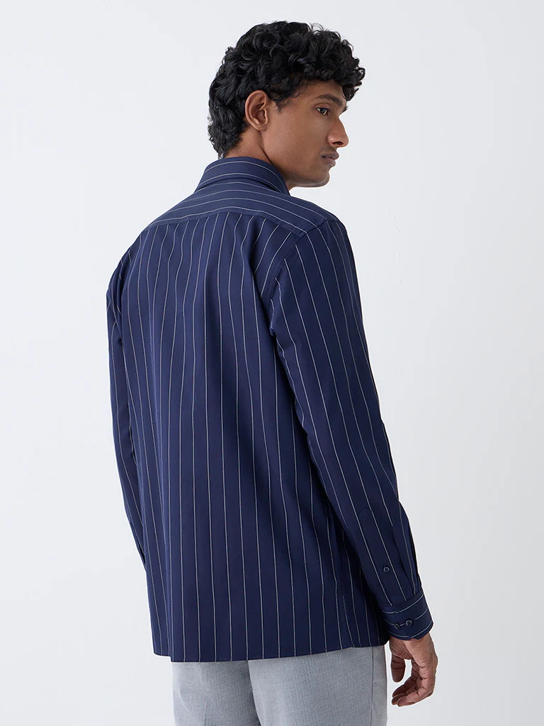 WES Formals Navy Pinstriped Slim-Fit Cotton Shirt - Image 4