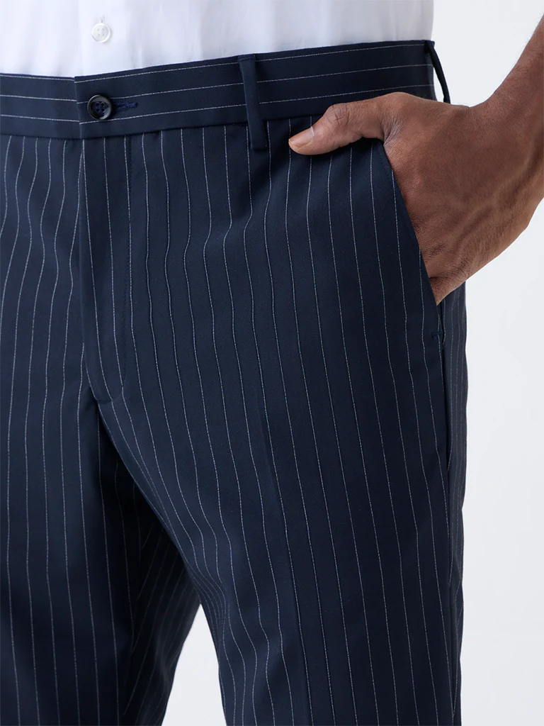 WES Formals Navy Pinstriped Slim-Fit Mid-Rise Trousers - Image 2