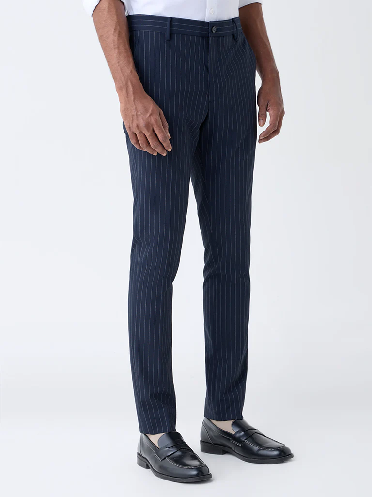 WES Formals Navy Pinstriped Slim-Fit Mid-Rise Trousers - Image 3