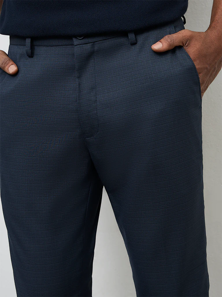 WES Formals Navy Printed Ultra Slim-Fit Mid-Rise Trousers - Image 3