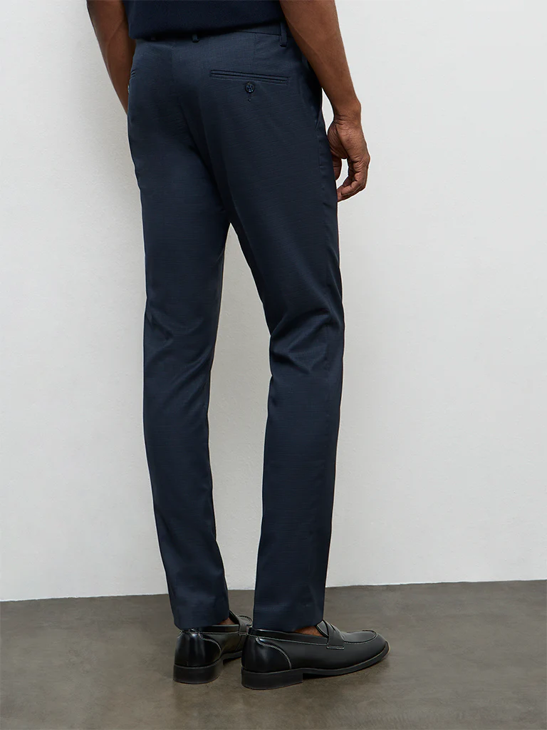 WES Formals Navy Printed Ultra Slim-Fit Mid-Rise Trousers - Image 4