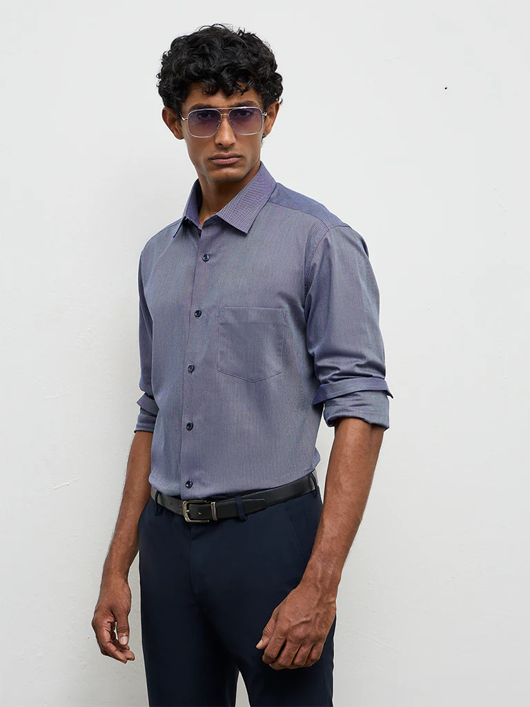 WES Formals Navy Relaxed-Fit Cotton Shirt - Image 2