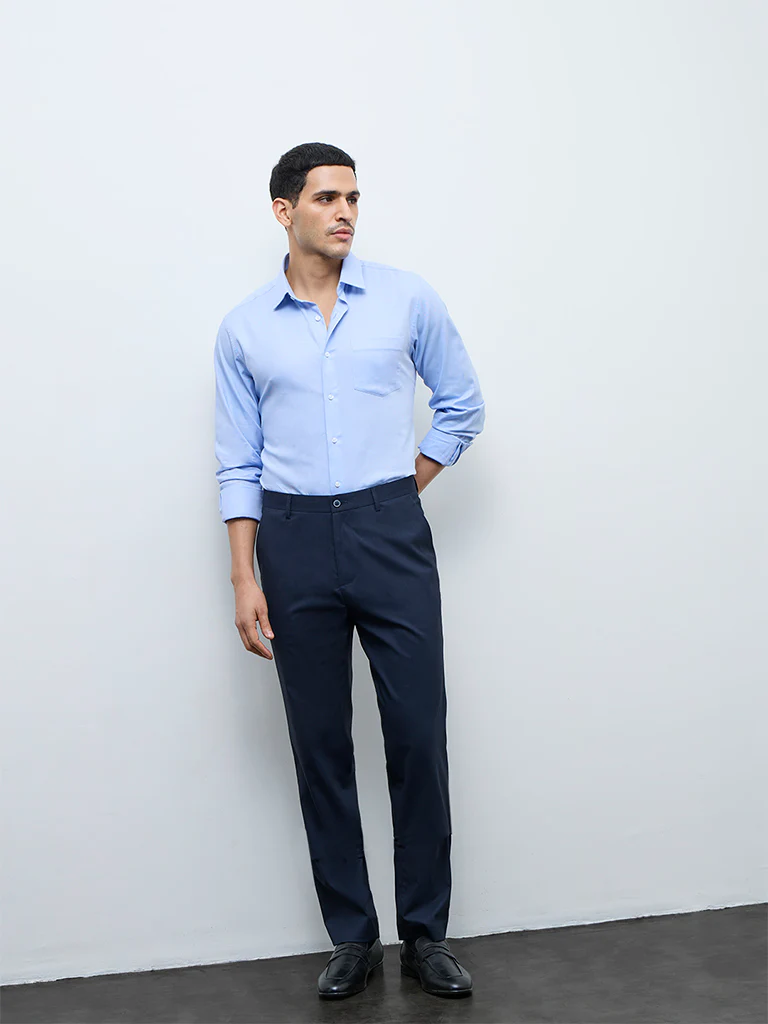 WES Formals Navy Relaxed-Fit Mid-Rise Trousers