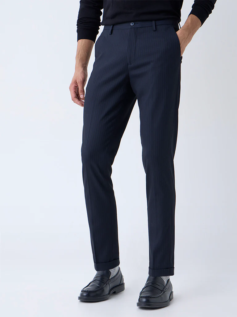 WES Formals Navy Self-Striped Slim-Fit Mid-Rise Trousers - Image 2