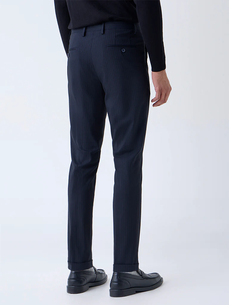 WES Formals Navy Self-Striped Slim-Fit Mid-Rise Trousers - Image 4