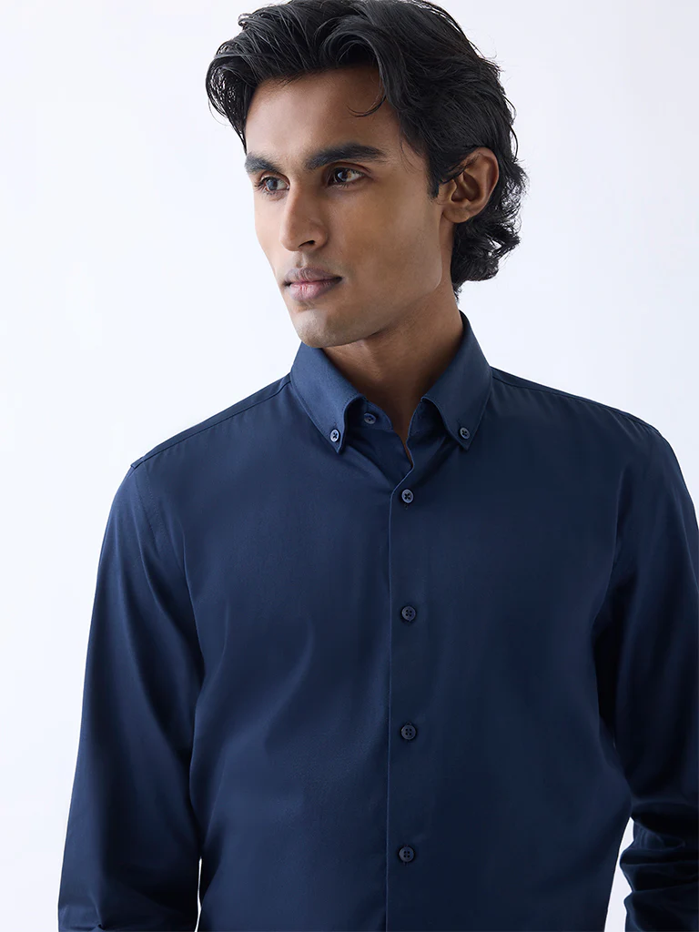 WES Formals Navy Slim-Fit Cotton-Blend Shirt - Image 3