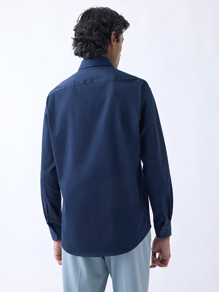 WES Formals Navy Slim-Fit Cotton-Blend Shirt - Image 5