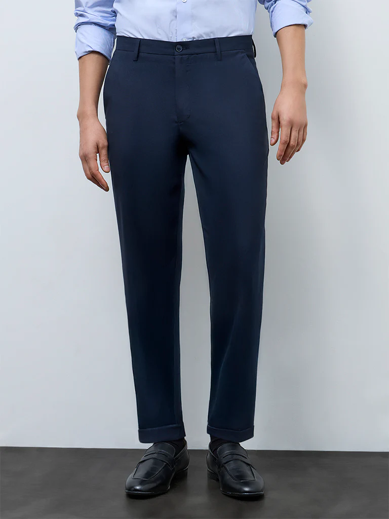 WES Formals Navy Slim-Fit Mid-Rise Trousers - Image 2