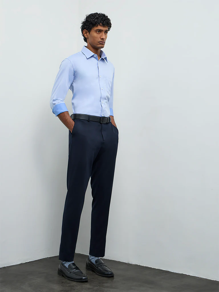WES Formals Navy Slim-Fit Mid-Rise Trousers