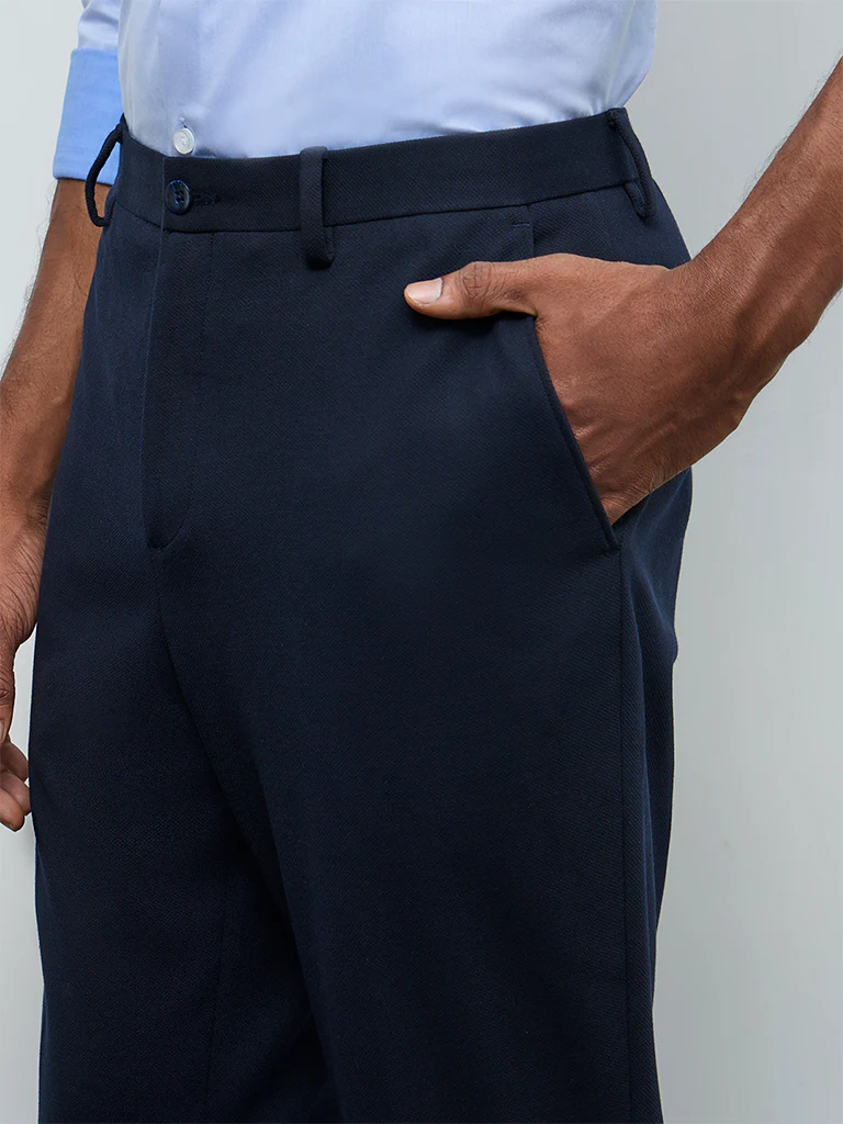 WES Formals Navy Slim-Fit Mid-Rise Trousers - Image 3