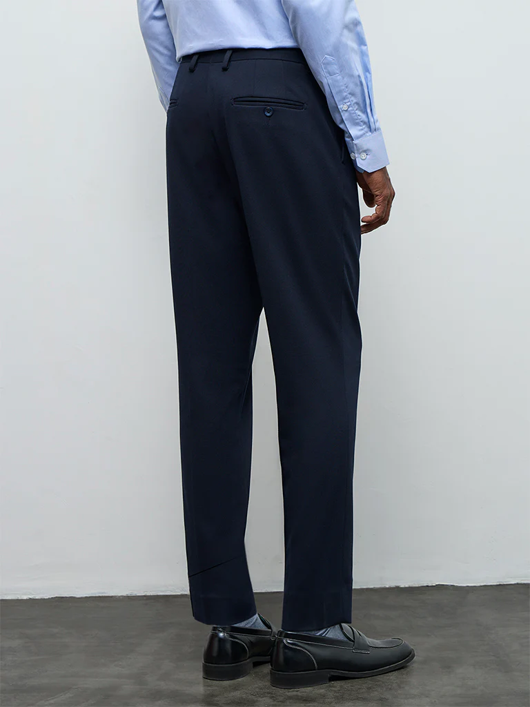WES Formals Navy Slim-Fit Mid-Rise Trousers - Image 4