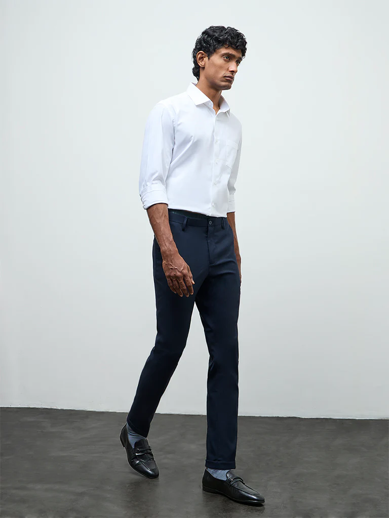 WES Formals Navy Slim-Fit Mid-Rise Trousers