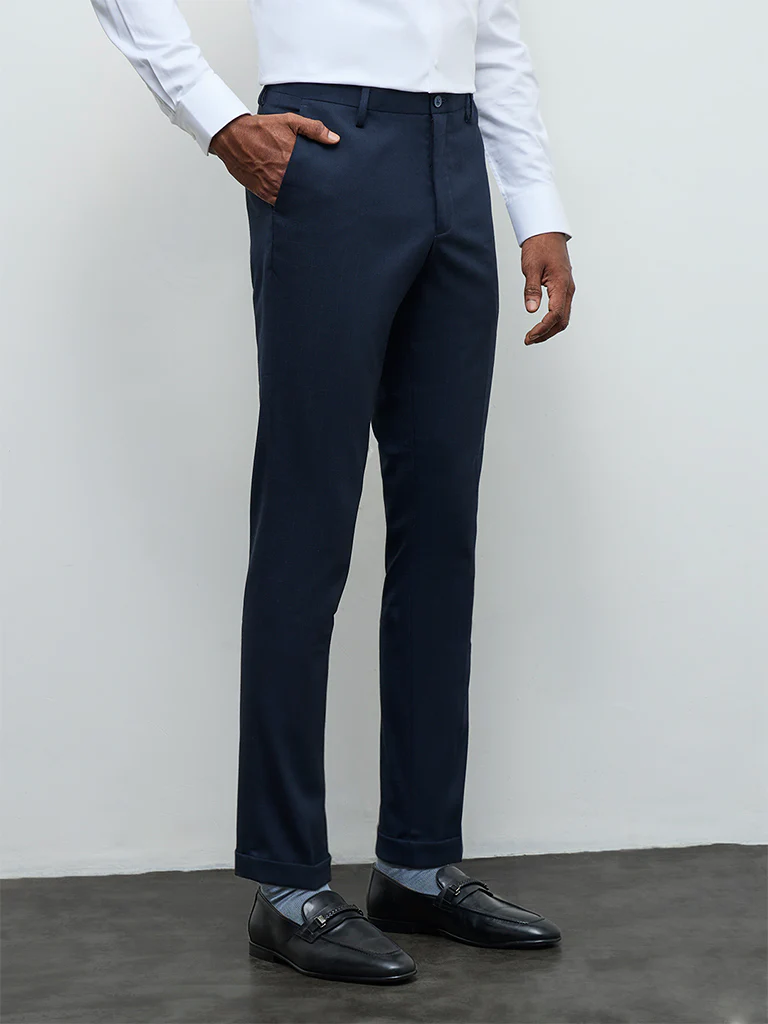 WES Formals Navy Slim-Fit Mid-Rise Trousers - Image 3