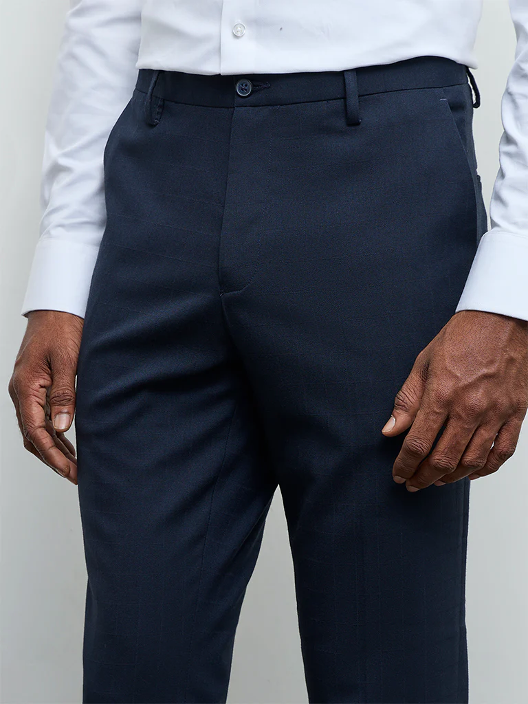 WES Formals Navy Slim-Fit Mid-Rise Trousers - Image 4