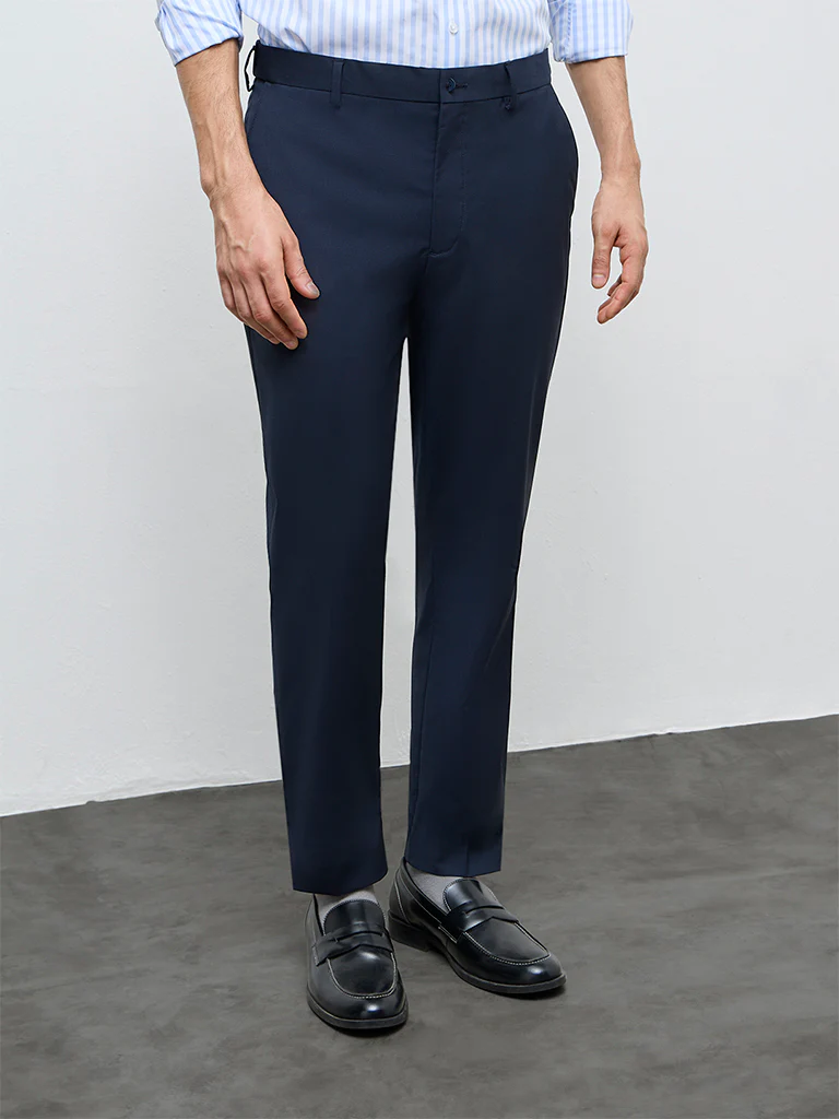 WES Formals Navy Solid Mid-Rise Slim-Fit Trousers - Image 3