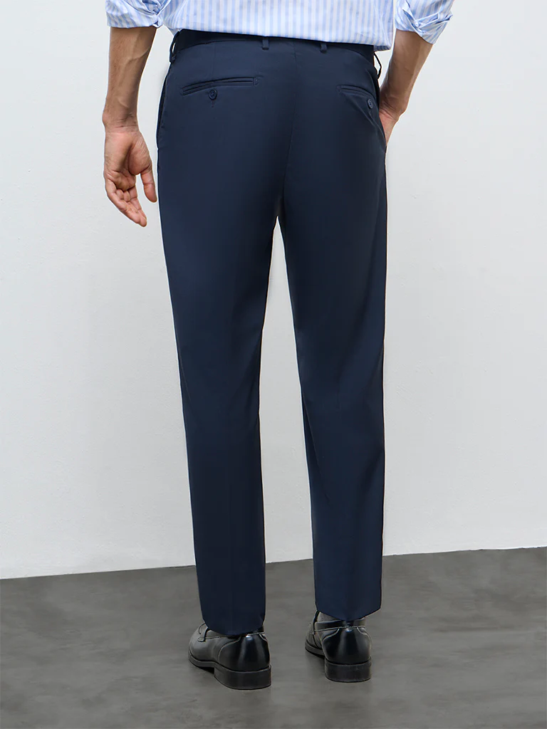 WES Formals Navy Solid Mid-Rise Slim-Fit Trousers - Image 5