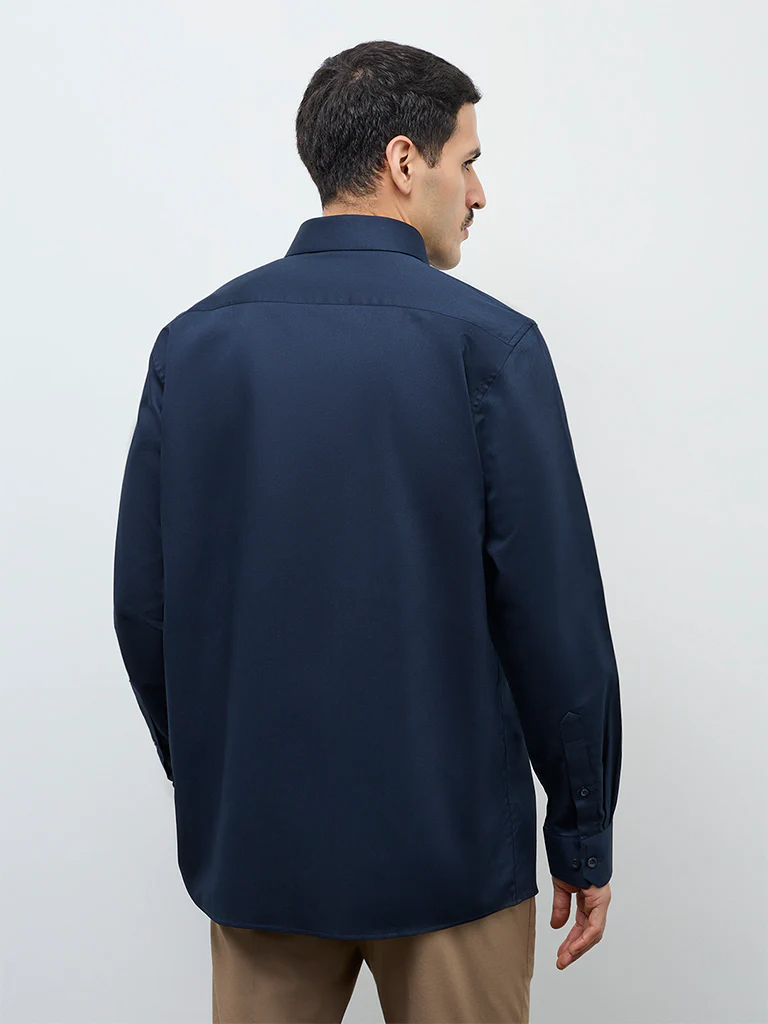 WES Formals Navy Solid Relaxed-Fit Cotton Shirt - Image 5