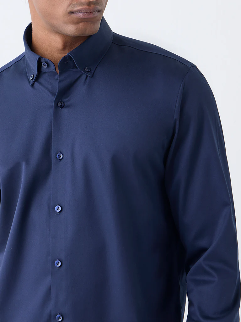 WES Formals Navy Solid Slim-Fit Cotton-Blend Shirt - Image 3