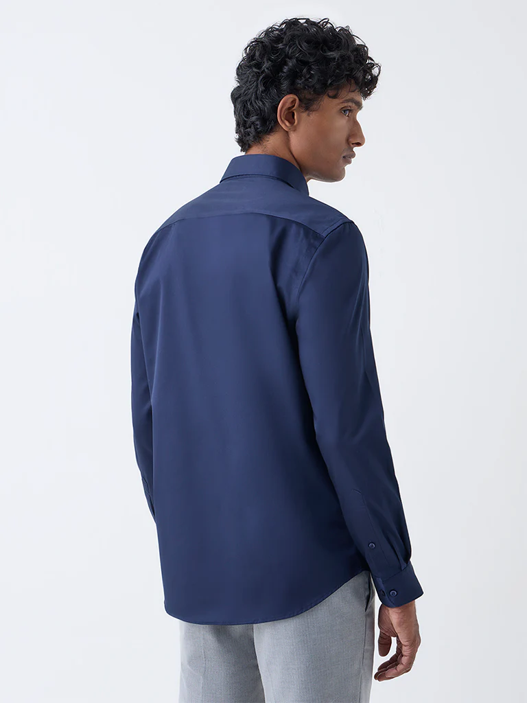 WES Formals Navy Solid Slim-Fit Cotton-Blend Shirt - Image 5