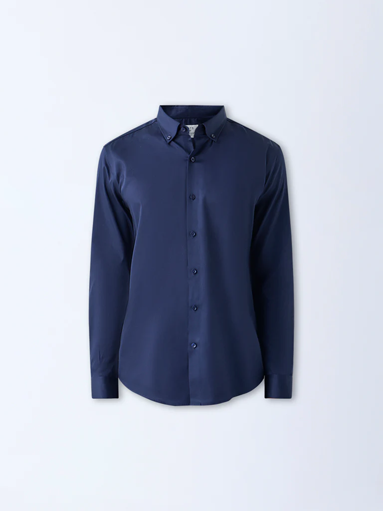 WES Formals Navy Solid Slim-Fit Cotton-Blend Shirt - Image 6