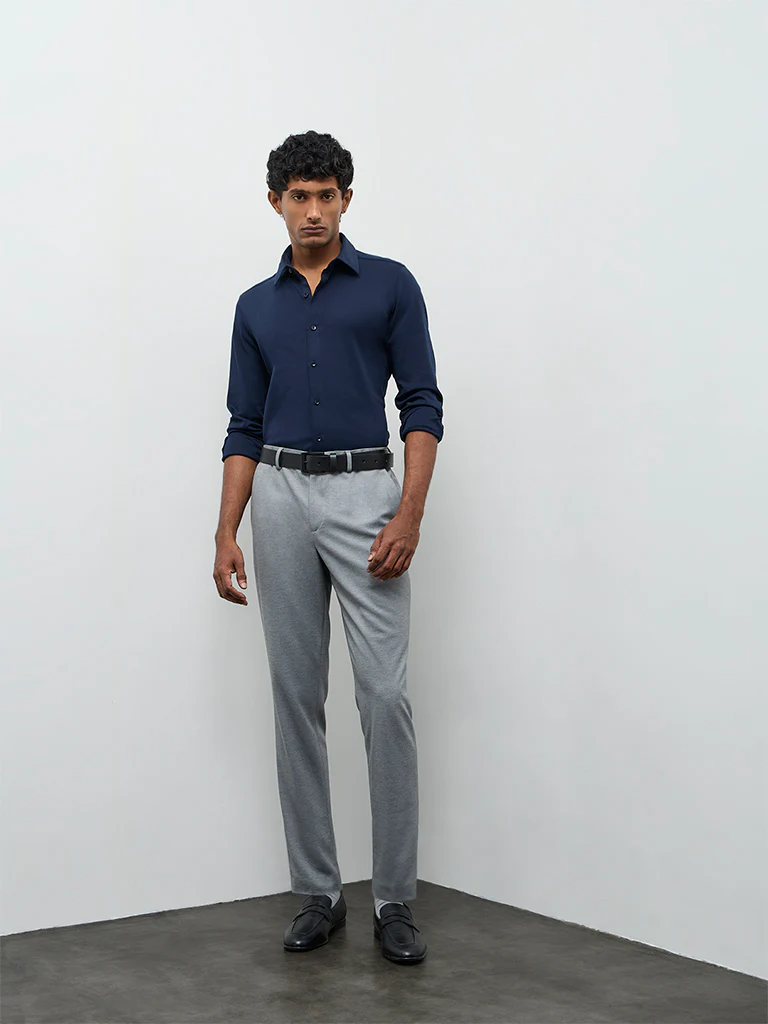 WES Formals Navy Solid Slim-Fit Cotton-Blend Shirt - Image 2