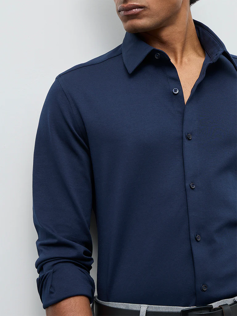 WES Formals Navy Solid Slim-Fit Cotton-Blend Shirt - Image 3