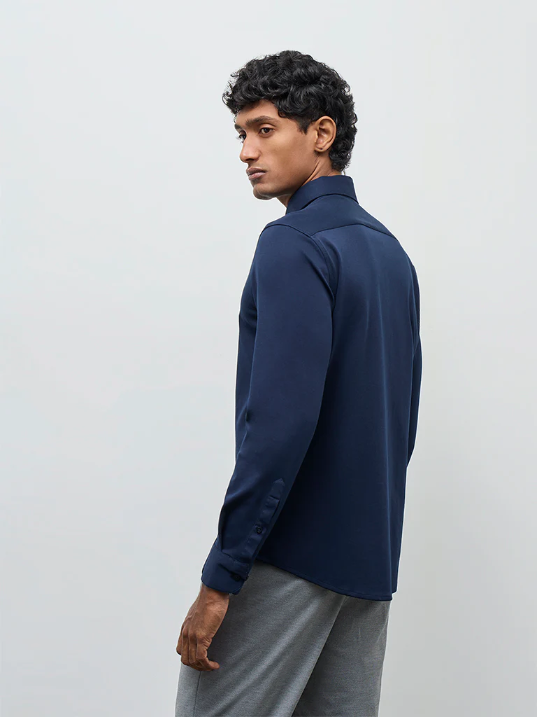 WES Formals Navy Solid Slim-Fit Cotton-Blend Shirt - Image 4