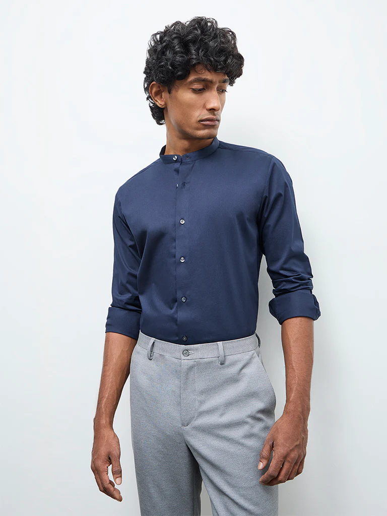 WES Formals Navy Solid Slim-Fit Cotton-Blend Shirt