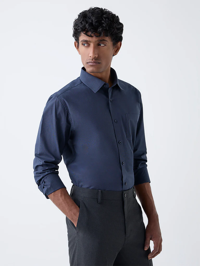 WES Formals Navy Solid Slim-Fit Cotton Shirt