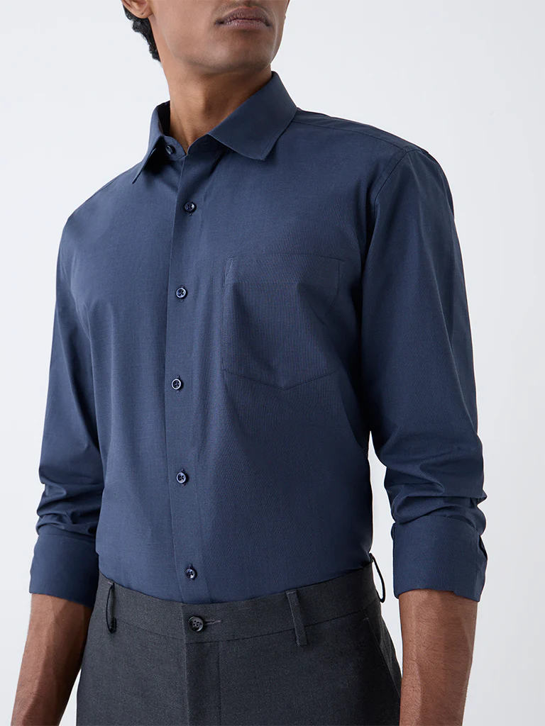 WES Formals Navy Solid Slim-Fit Cotton Shirt - Image 2