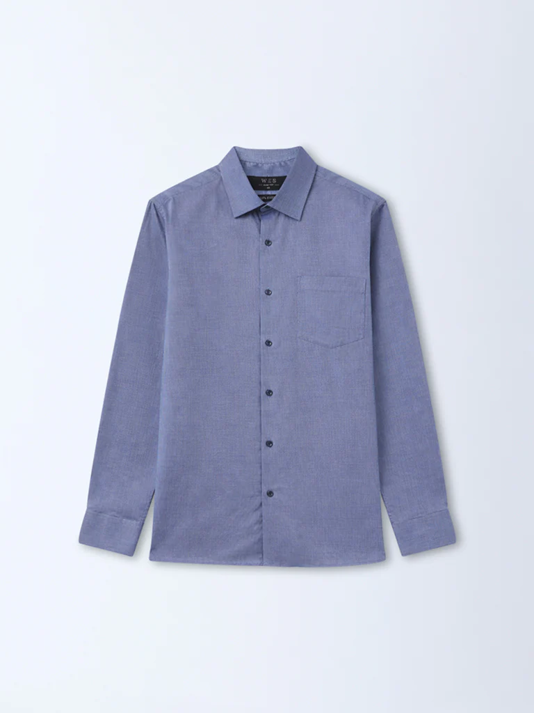 WES Formals Navy Solid Slim-Fit Cotton Shirt - Image 2