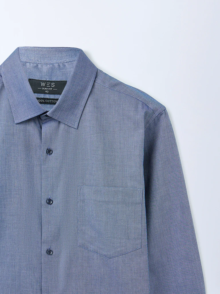 WES Formals Navy Solid Slim-Fit Cotton Shirt - Image 3