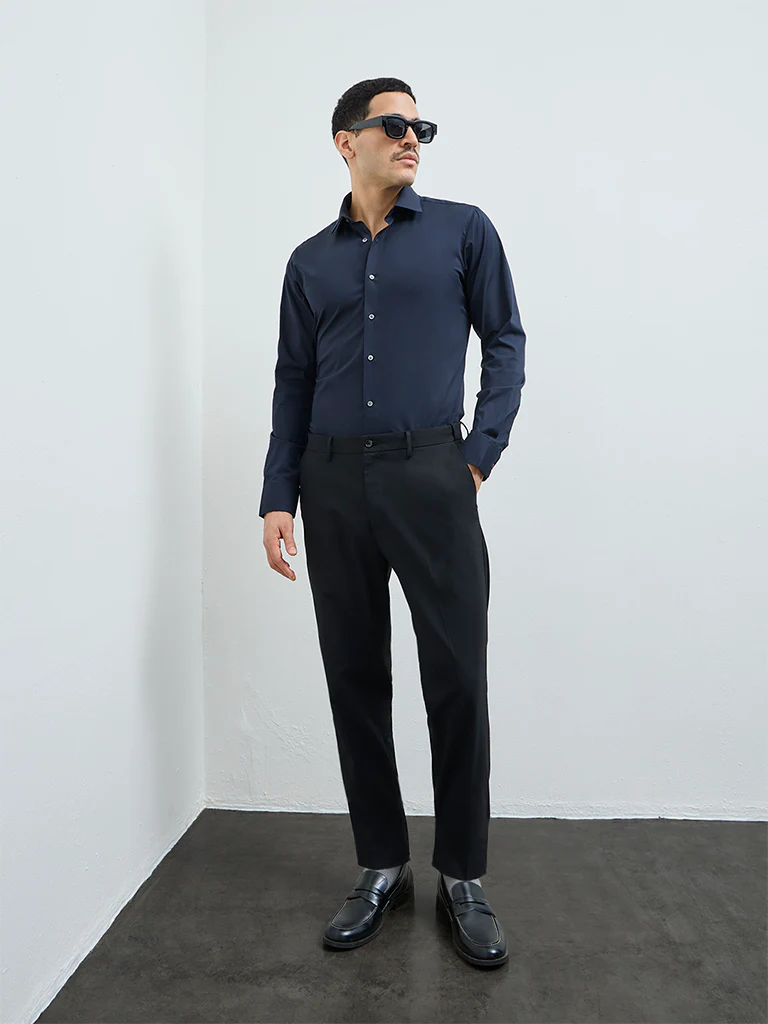 WES Formals Navy Solid Slim-Fit Cotton Shirt - Image 3
