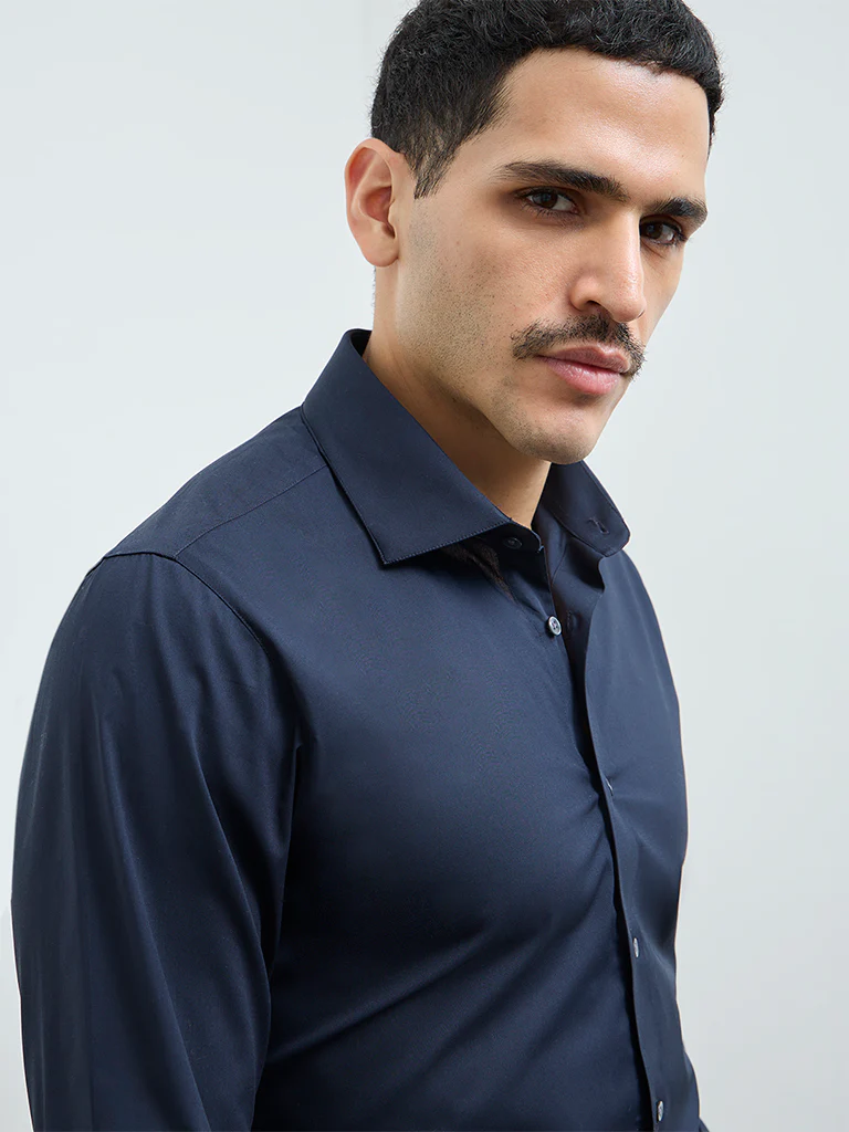WES Formals Navy Solid Slim-Fit Cotton Shirt - Image 4