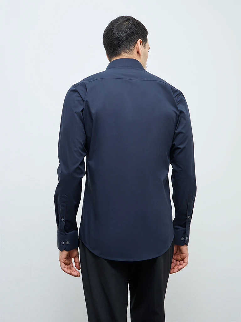 WES Formals Navy Solid Slim-Fit Cotton Shirt - Image 5