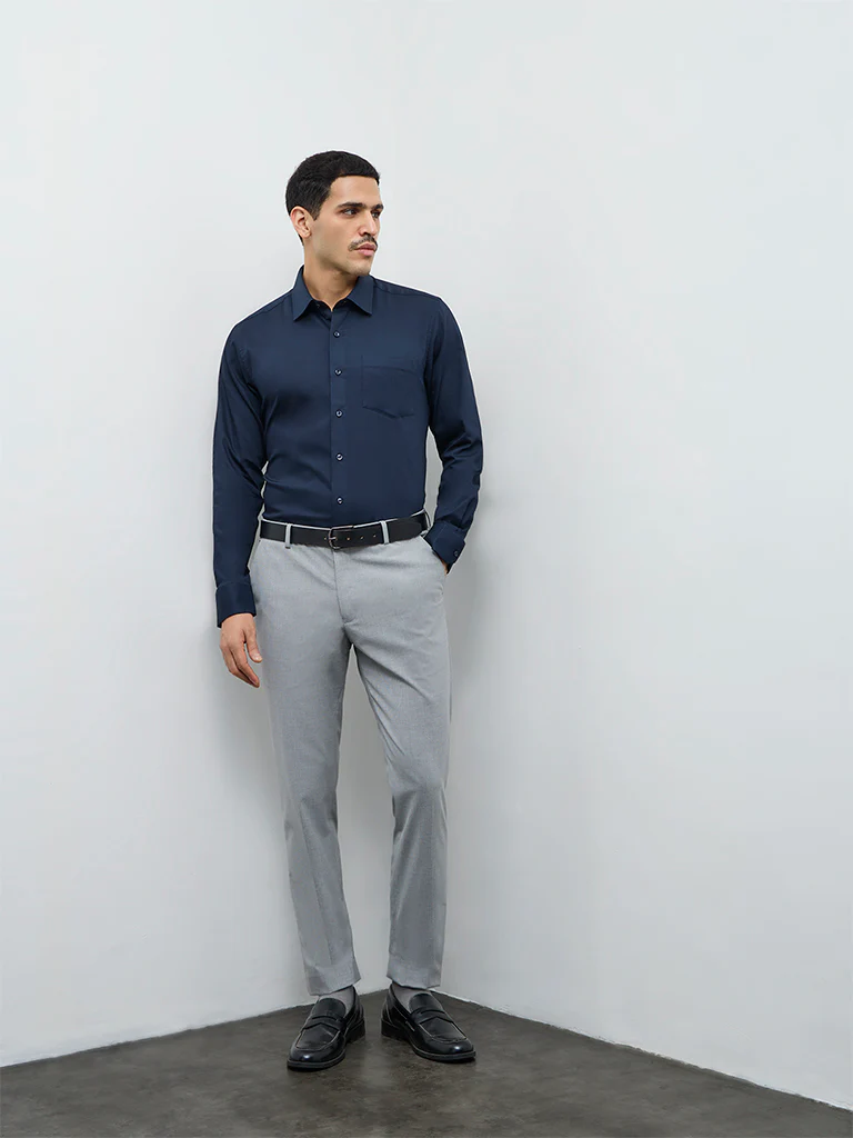 WES Formals Navy Solid Slim-Fit Cotton Shirt - Image 3