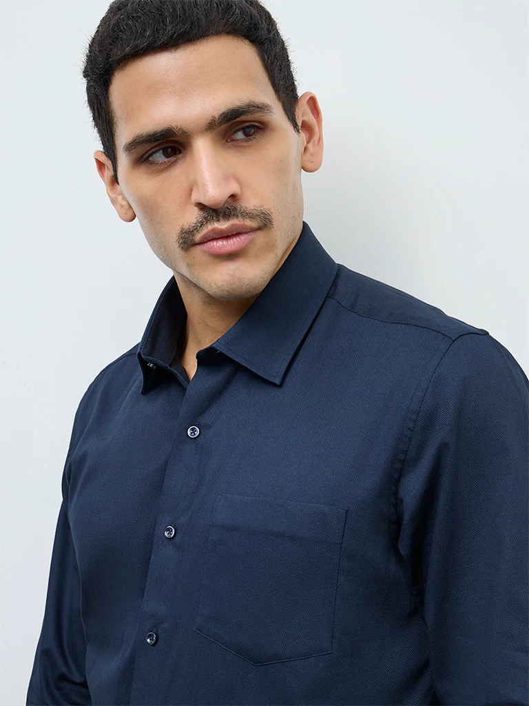 WES Formals Navy Solid Slim-Fit Cotton Shirt - Image 4