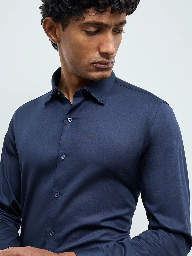 WES Formals Navy Solid Slim-Fit Cotton Shirt - Image 4